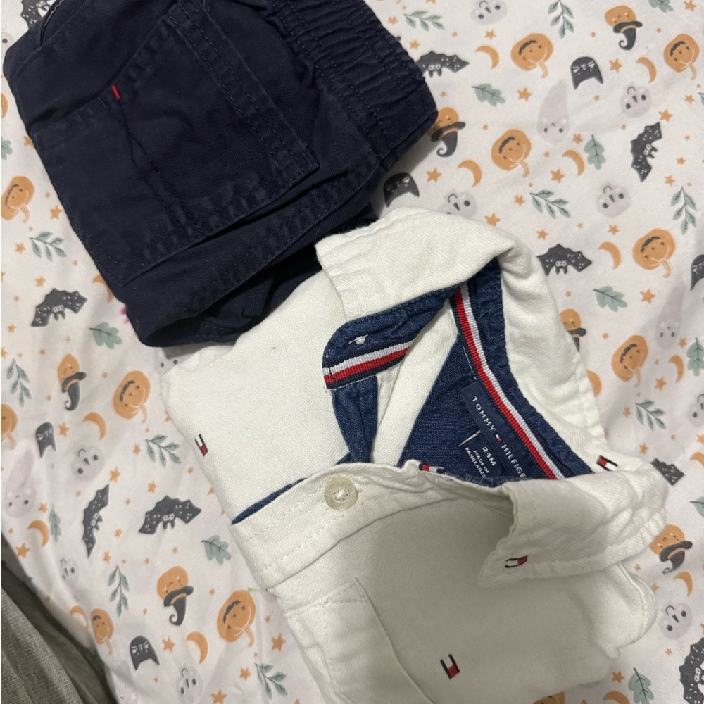 Tommy Hilfiger baby boy button up shirt and blue pants set